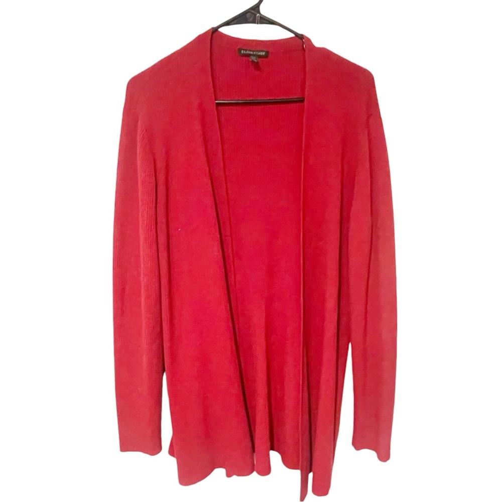 Eileen Fisher Size Large Red Wool Thick‎ Knit Open Front Knit Sweater Cardigan